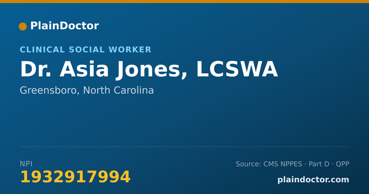 Shareable card for Asia Jones, LCSWA - Clinical Social Worker, Greensboro, NC