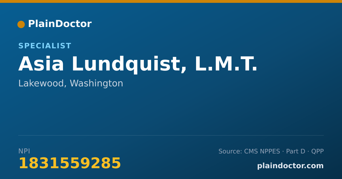 Shareable card for Asia Lundquist, L.M.T. - Specialist, Lakewood, WA