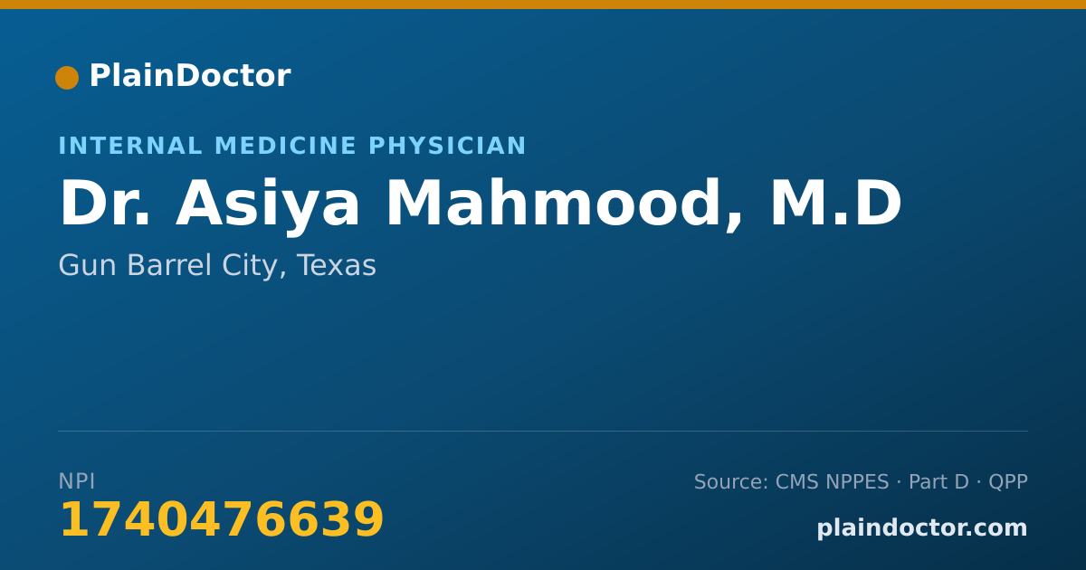 Shareable card for Asiya Mahmood, M.D - Internal Medicine Physician, Gun Barrel City, TX