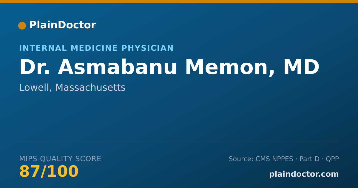 Shareable card for Asmabanu Memon, MD - Internal Medicine Physician, Lowell, MA