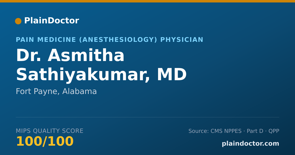 Shareable card for Asmitha Sathiyakumar, MD - Pain Medicine (Anesthesiology) Physician, Fort Payne, AL