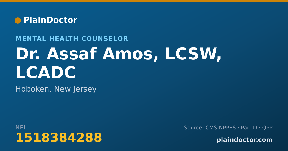 Shareable card for Assaf Amos, LCSW, LCADC - Mental Health Counselor, Hoboken, NJ