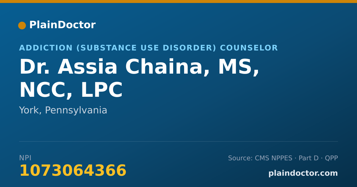 Shareable card for Assia Chaina, MS, NCC, LPC - Addiction (Substance Use Disorder) Counselor, York, PA