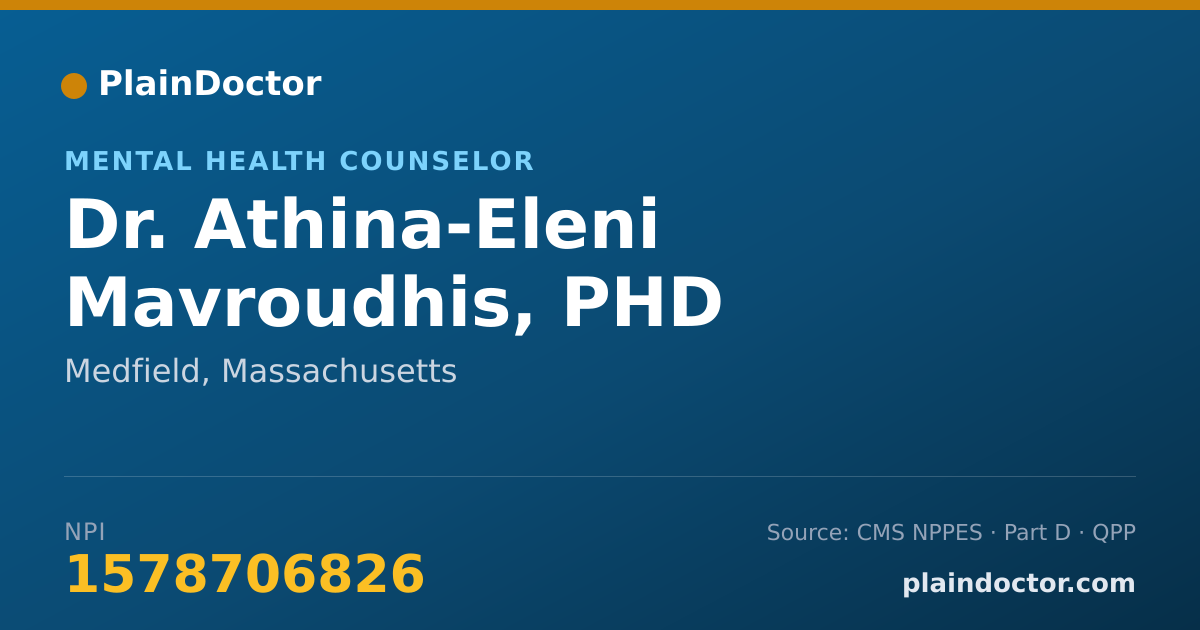 Shareable card for Athina-Eleni Mavroudhis, PHD - Mental Health Counselor, Medfield, MA