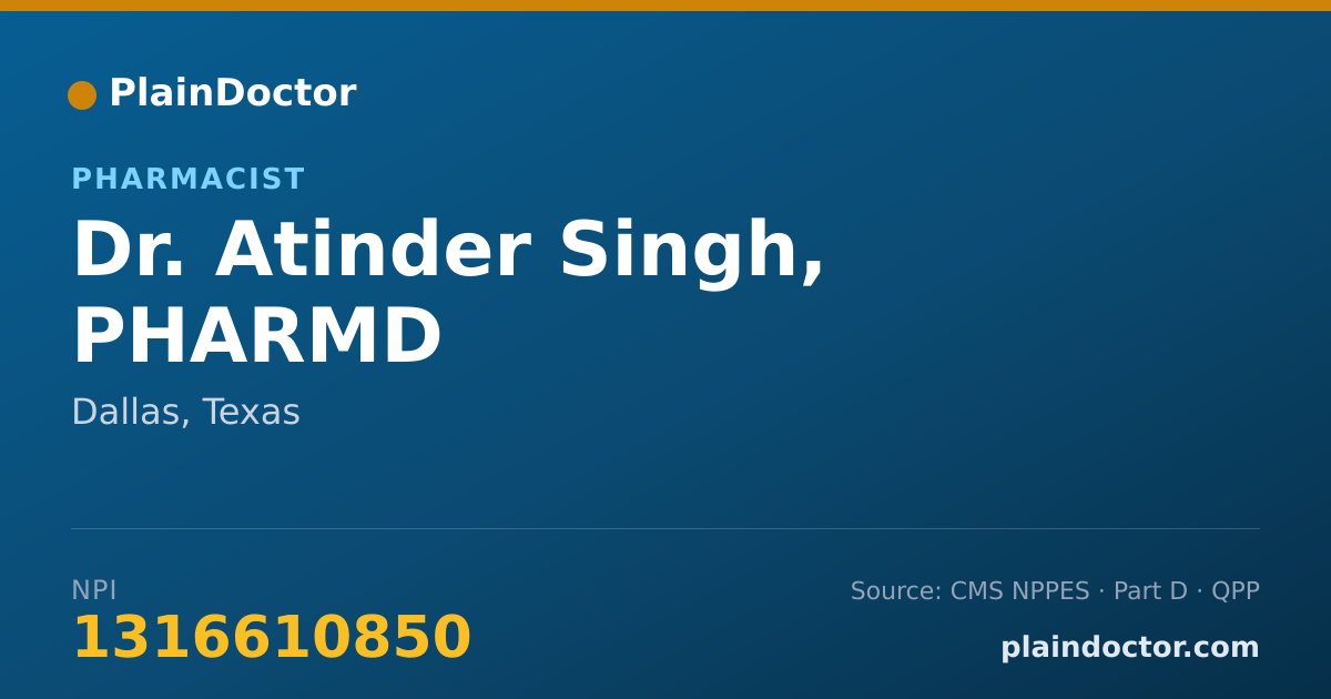 Shareable card for Atinder Singh, PHARMD - Pharmacist, Dallas, TX