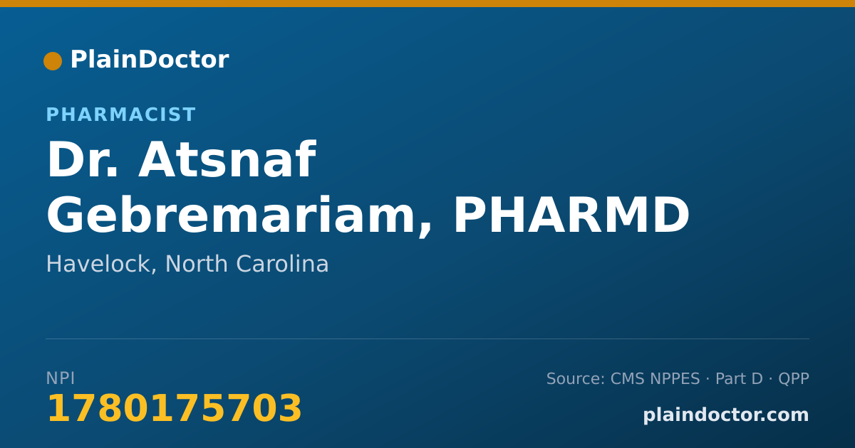 Shareable card for Atsnaf Gebremariam, PHARMD - Pharmacist, Havelock, NC