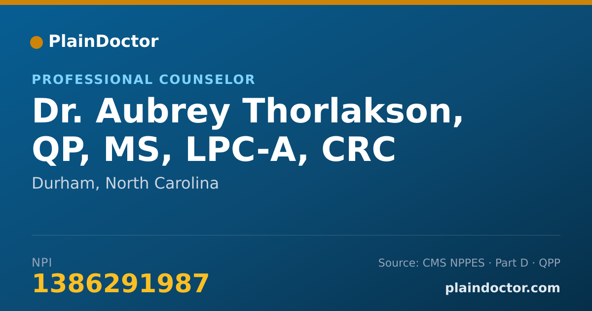 Shareable card for Aubrey Thorlakson, QP, MS, LPC-A, CRC - Professional Counselor, Durham, NC