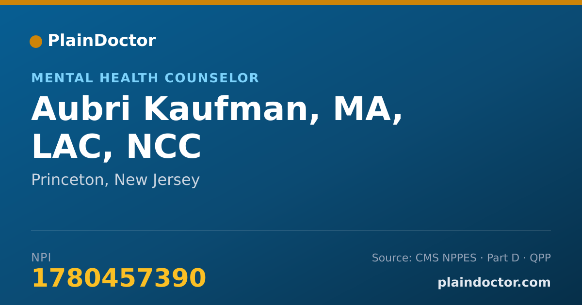 Shareable card for Aubri Kaufman, MA, LAC, NCC - Mental Health Counselor, Princeton, NJ