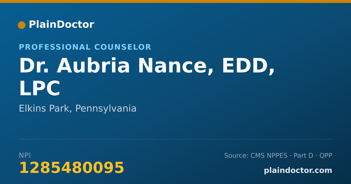 Shareable card for Aubria Nance, EDD, LPC - Professional Counselor, Elkins Park, PA