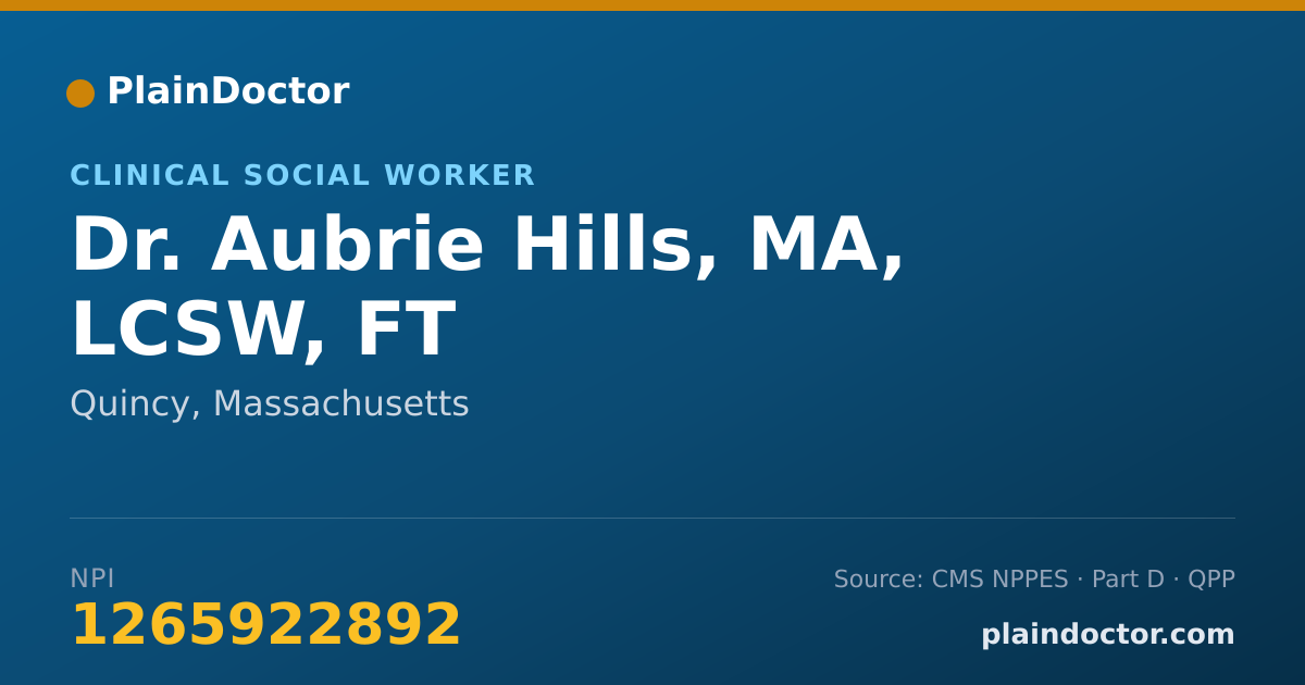 Shareable card for Aubrie Hills, MA, LCSW, FT - Clinical Social Worker, Quincy, MA