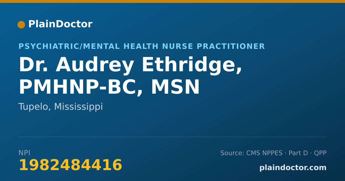 Shareable card for Audrey Ethridge, PMHNP-BC, MSN - Psychiatric/Mental Health Nurse Practitioner, Tupelo, MS