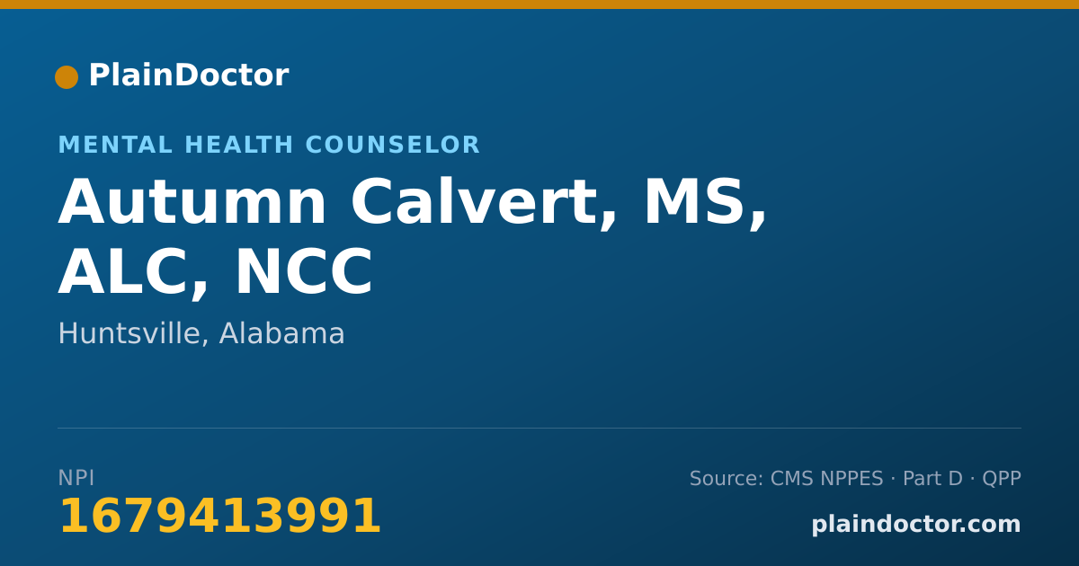 Shareable card for Autumn Calvert, MS, ALC, NCC - Mental Health Counselor, Huntsville, AL