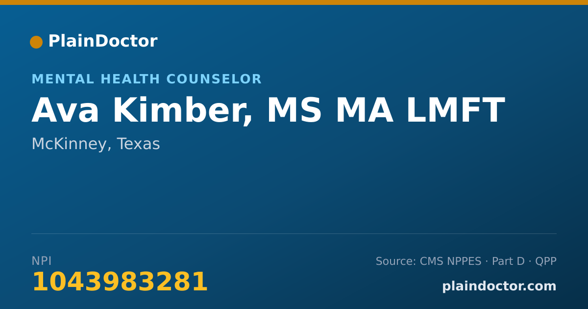 Shareable card for Ava Kimber, MS MA LMFT - Mental Health Counselor, McKinney, TX
