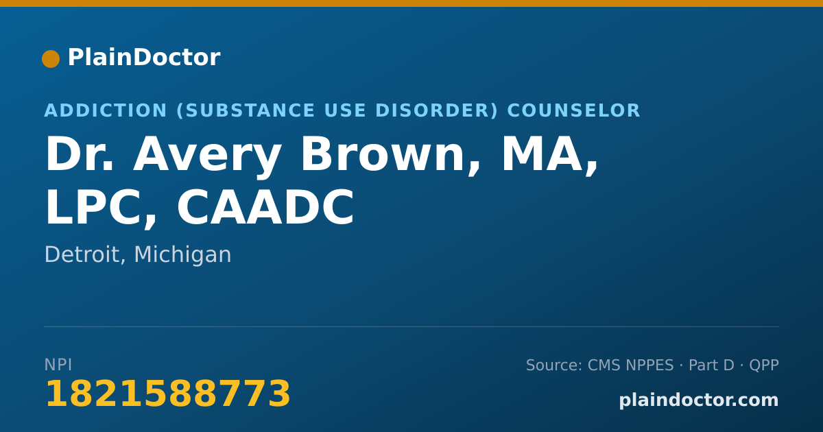 Shareable card for Avery Brown, MA, LPC, CAADC - Addiction (Substance Use Disorder) Counselor, Detroit, MI