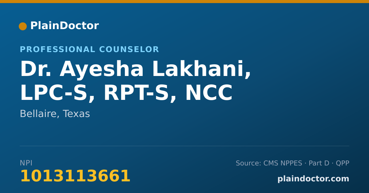 Shareable card for Ayesha Lakhani, LPC-S, RPT-S, NCC - Professional Counselor, Bellaire, TX