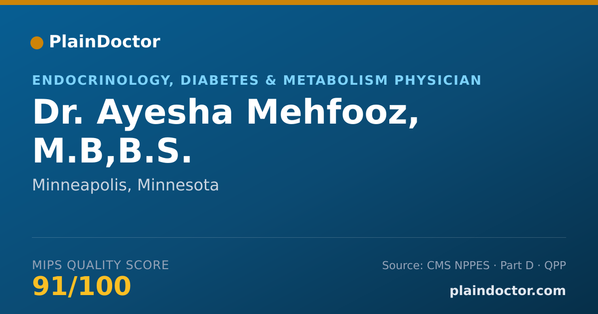 Shareable card for Ayesha Mehfooz, M.B,B.S. - Endocrinology, Diabetes & Metabolism Physician, Minneapolis, MN
