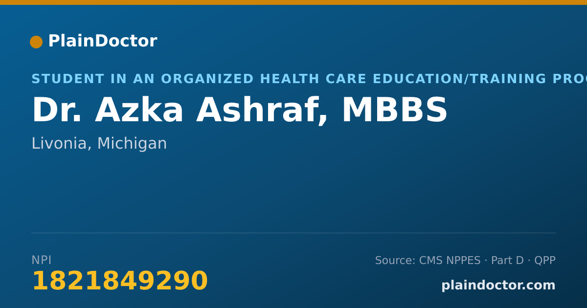 Shareable card for Azka Ashraf, MBBS - Student in an Organized Health Care Education/Training Program, Livonia, MI
