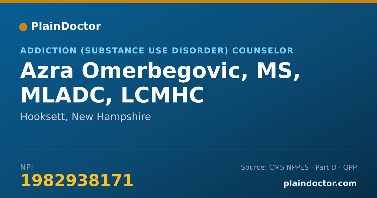 Shareable card for Azra Omerbegovic, MS, MLADC, LCMHC - Addiction (Substance Use Disorder) Counselor, Hooksett, NH
