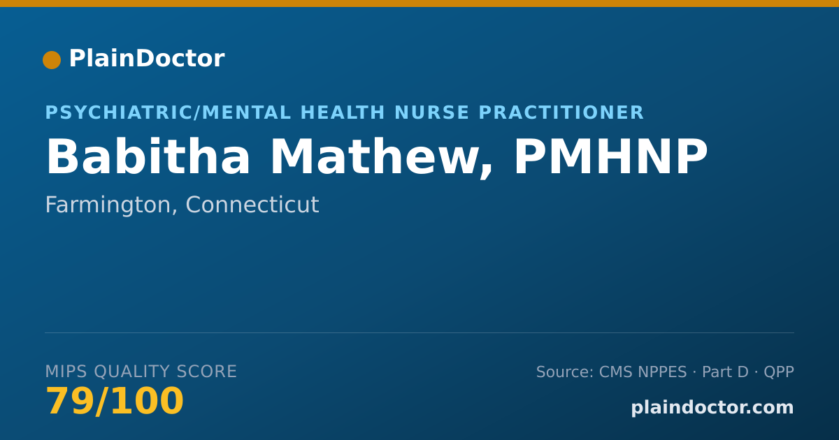Shareable card for Babitha Mathew, PMHNP - Psychiatric/Mental Health Nurse Practitioner, Farmington, CT