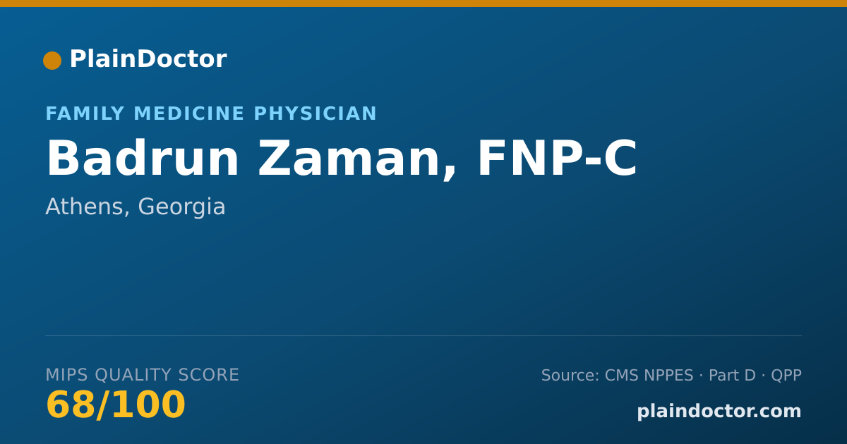 Shareable card for Badrun Zaman, FNP-C - Family Medicine Physician, Athens, GA