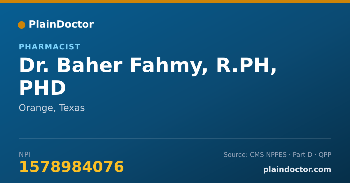 Shareable card for Baher Fahmy, R.PH, PHD - Pharmacist, Orange, TX