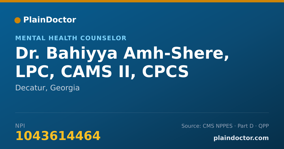 Shareable card for Bahiyya Amh-Shere, LPC, CAMS II, CPCS - Mental Health Counselor, Decatur, GA