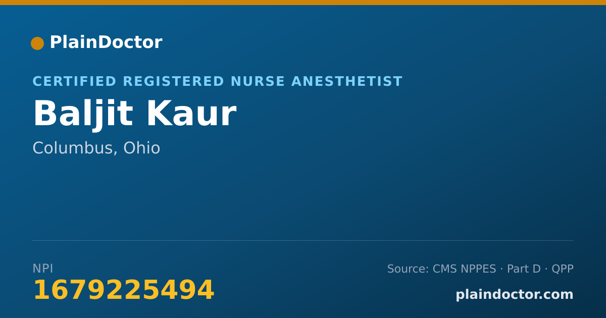 Shareable card for Baljit Kaur - Certified Registered Nurse Anesthetist, Columbus, OH