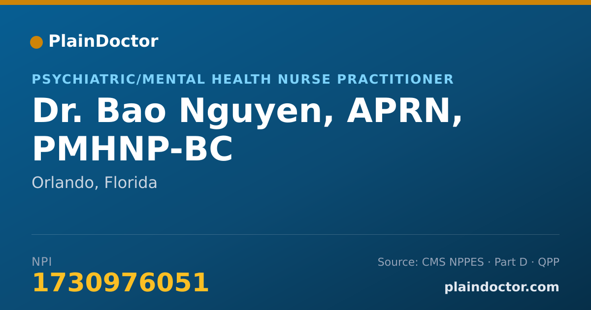 Shareable card for Bao Nguyen, APRN, PMHNP-BC - Psychiatric/Mental Health Nurse Practitioner, Orlando, FL