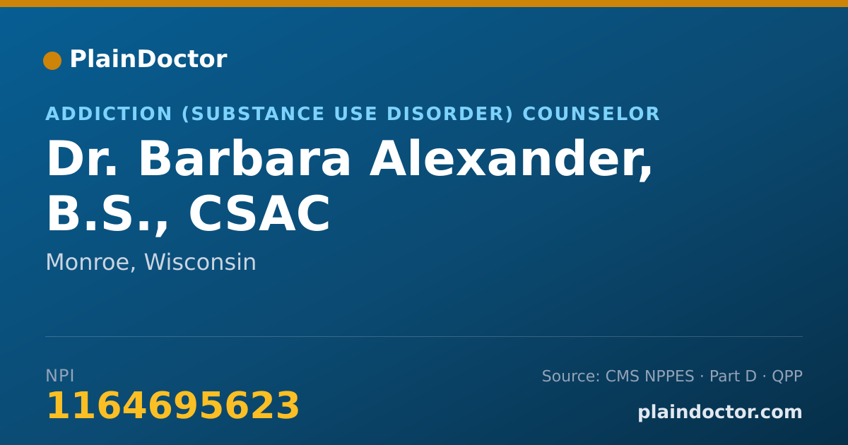 Shareable card for Barbara Alexander, B.S., CSAC - Addiction (Substance Use Disorder) Counselor, Monroe, WI