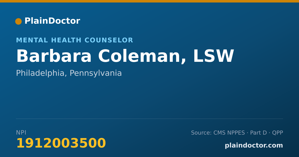 Shareable card for Barbara Coleman, LSW - Mental Health Counselor, Philadelphia, PA