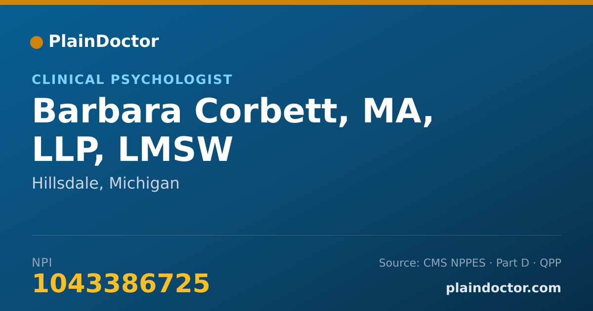 Shareable card for Barbara Corbett, MA, LLP, LMSW - Clinical Psychologist, Hillsdale, MI