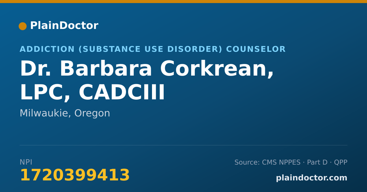 Shareable card for Barbara Corkrean, LPC, CADCIII - Addiction (Substance Use Disorder) Counselor, Milwaukie, OR