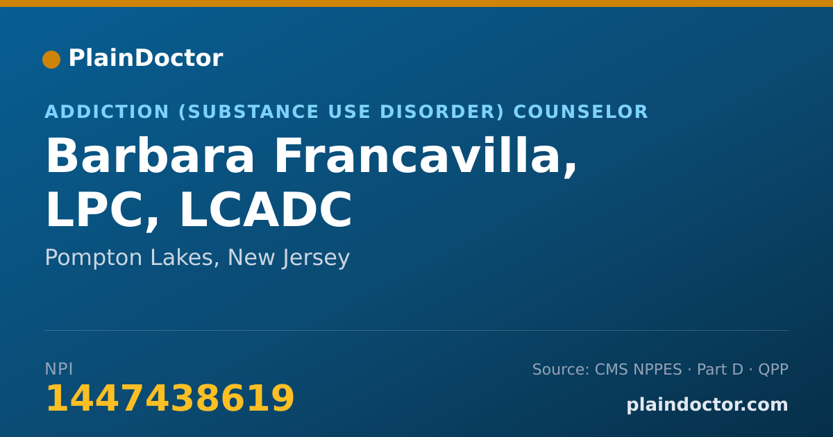 Shareable card for Barbara Francavilla, LPC, LCADC - Addiction (Substance Use Disorder) Counselor, Pompton Lakes, NJ