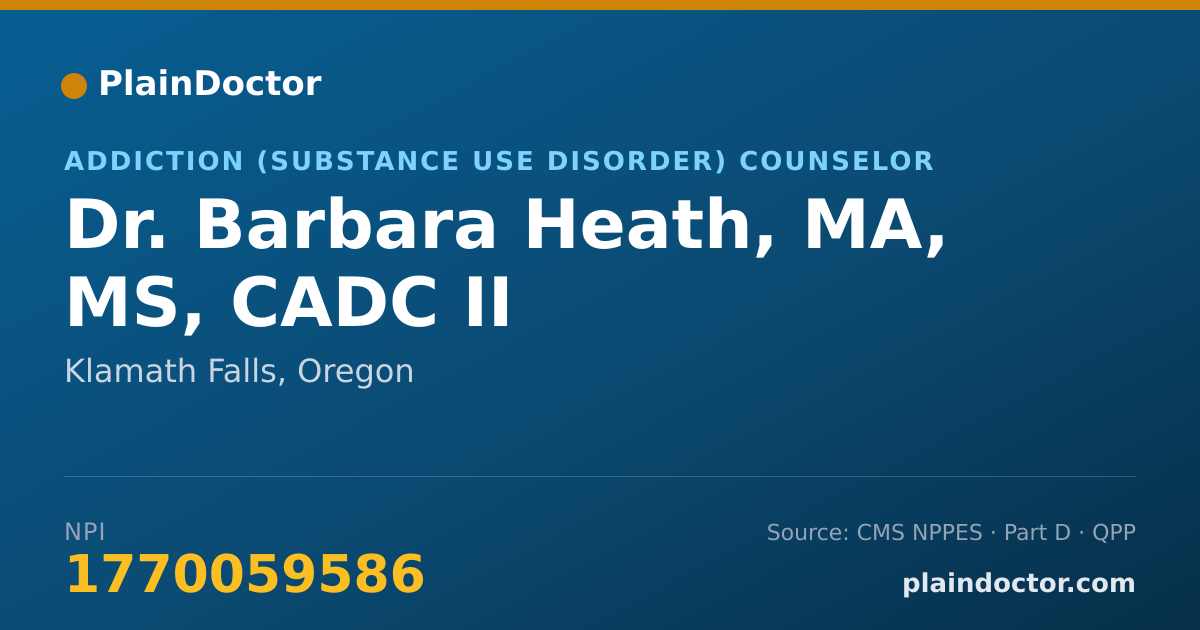 Shareable card for Barbara Heath, MA, MS, CADC II - Addiction (Substance Use Disorder) Counselor, Klamath Falls, OR