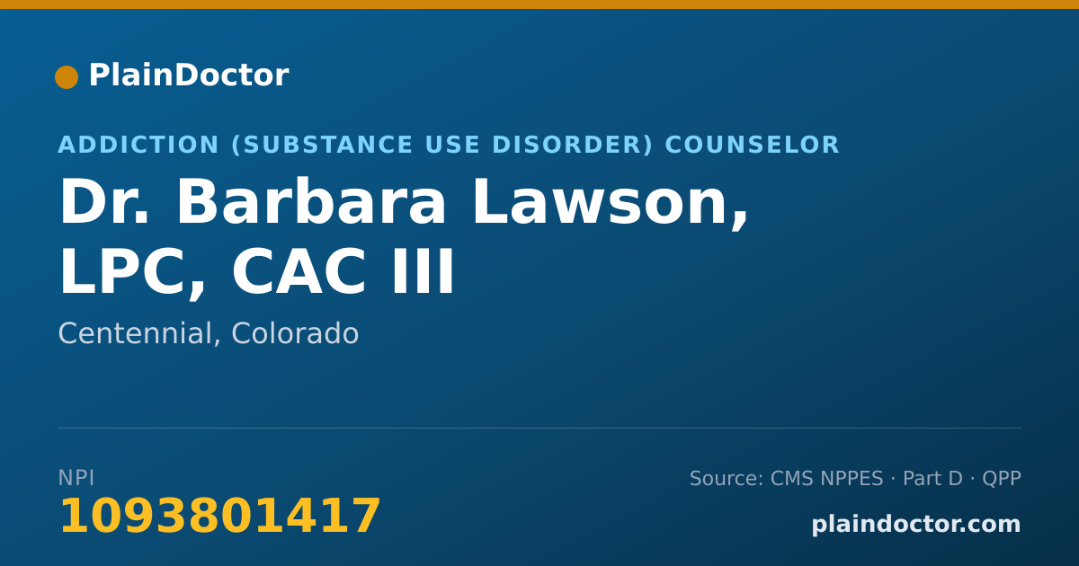 Shareable card for Barbara Lawson, LPC, CAC III - Addiction (Substance Use Disorder) Counselor, Centennial, CO