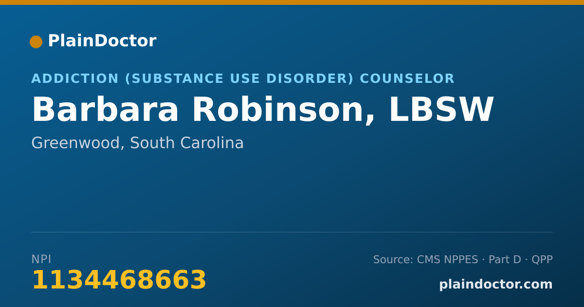Shareable card for Barbara Robinson, LBSW - Addiction (Substance Use Disorder) Counselor, Greenwood, SC