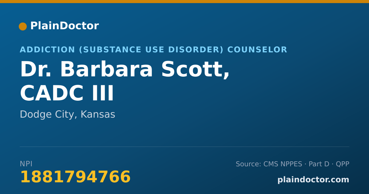 Shareable card for Barbara Scott, CADC III - Addiction (Substance Use Disorder) Counselor, Dodge City, KS