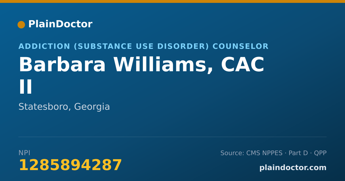 Shareable card for Barbara Williams, CAC II - Addiction (Substance Use Disorder) Counselor, Statesboro, GA