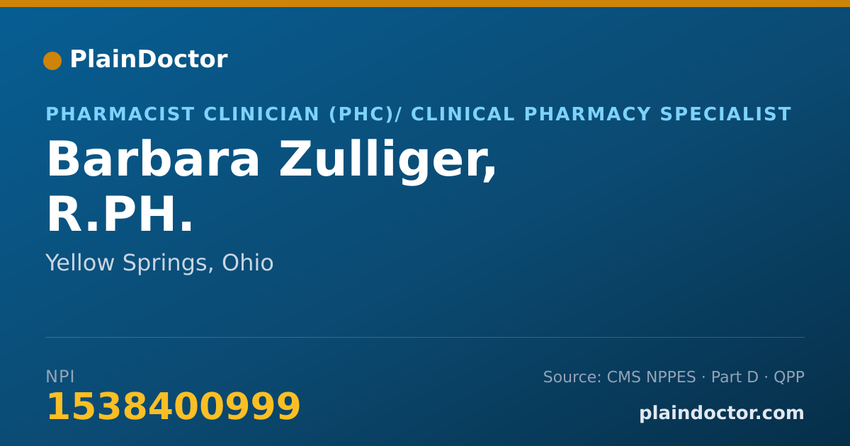 Shareable card for Barbara Zulliger, R.PH. - Pharmacist Clinician (PhC)/ Clinical Pharmacy Specialist, Yellow Springs, OH