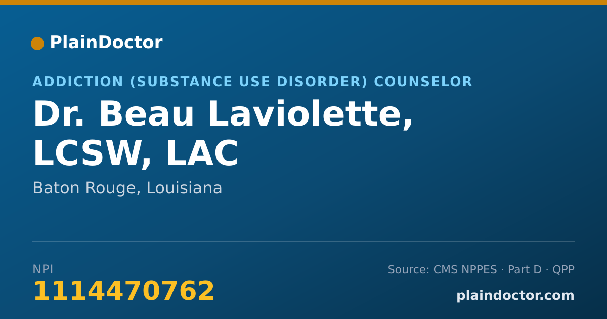 Shareable card for Beau Laviolette, LCSW, LAC - Addiction (Substance Use Disorder) Counselor, Baton Rouge, LA