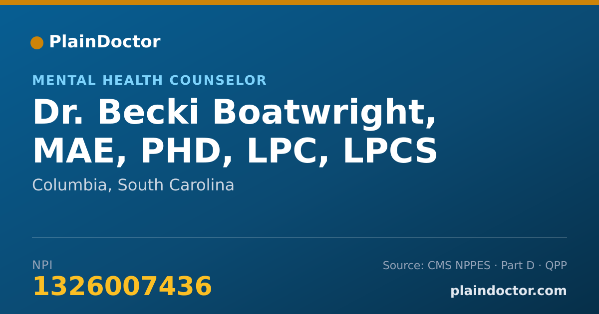 Shareable card for Becki Boatwright, MAE, PHD, LPC, LPCS - Mental Health Counselor, Columbia, SC