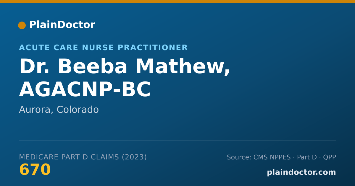 Shareable card for Beeba Mathew, AGACNP-BC - Acute Care Nurse Practitioner, Aurora, CO