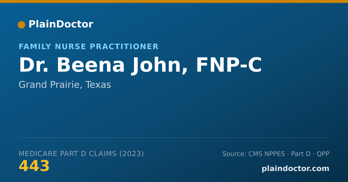 Shareable card for Beena John, FNP-C - Family Nurse Practitioner, Grand Prairie, TX