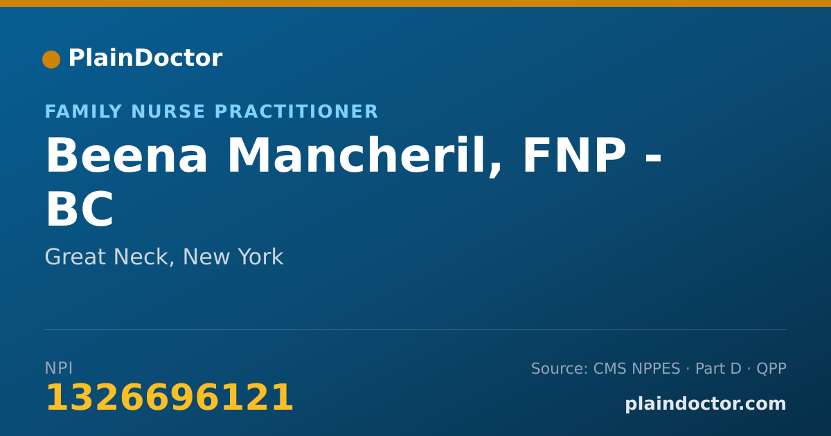 Shareable card for Beena Mancheril, FNP - BC - Family Nurse Practitioner, Great Neck, NY