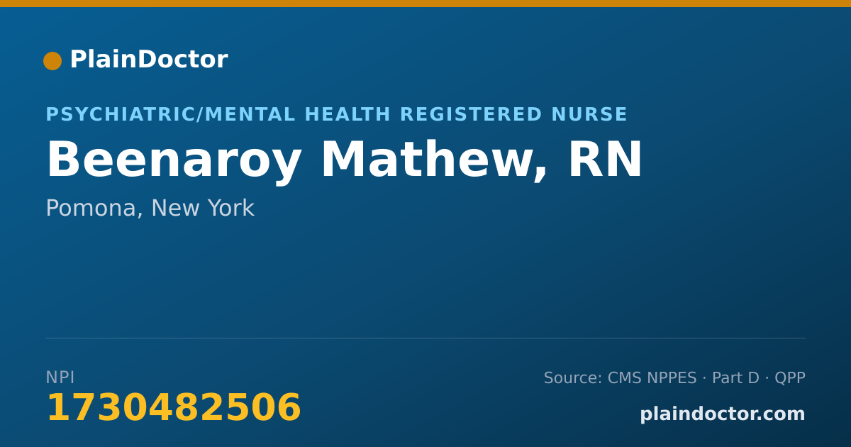 Shareable card for Beenaroy Mathew, RN - Psychiatric/Mental Health Registered Nurse, Pomona, NY
