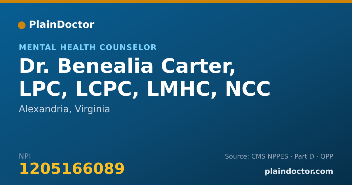 Shareable card for Benealia Carter, LPC, LCPC, LMHC, NCC - Mental Health Counselor, Alexandria, VA