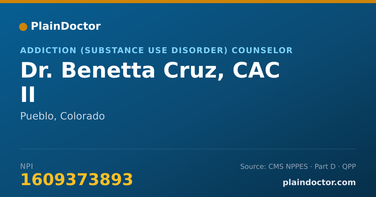 Shareable card for Benetta Cruz, CAC II - Addiction (Substance Use Disorder) Counselor, Pueblo, CO