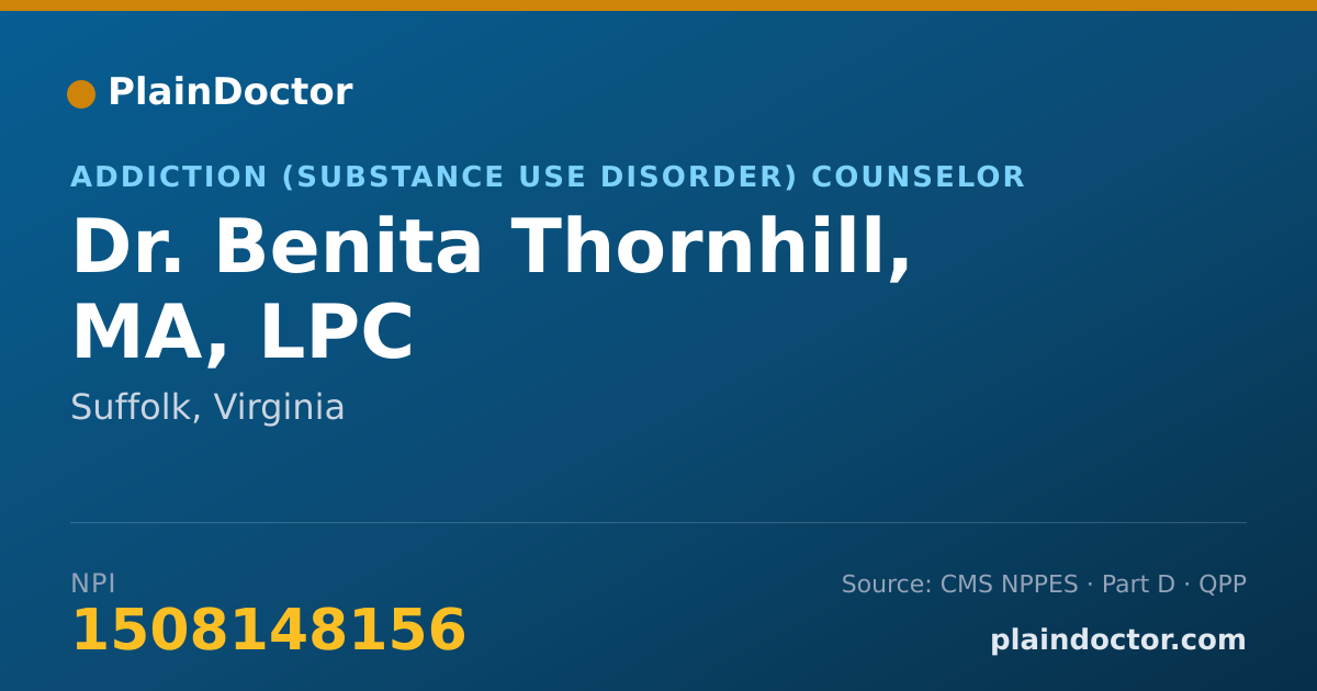Shareable card for Benita Thornhill, MA, LPC - Addiction (Substance Use Disorder) Counselor, Suffolk, VA