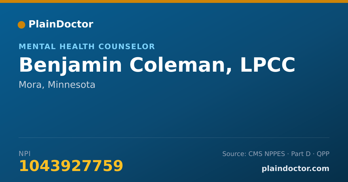 Shareable card for Benjamin Coleman, LPCC - Mental Health Counselor, Mora, MN