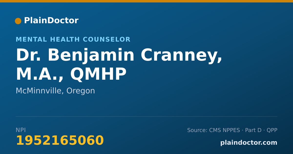 Shareable card for Benjamin Cranney, M.A., QMHP - Mental Health Counselor, McMinnville, OR
